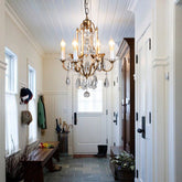 French Country Crystal Candle Chandelier - 4-Light Pendant Fixture for Hallway in Brass - This product is a French Country Candle Chandelier Light with Crystal Drop 4 Lights Pendant Light Fixture in Brass for Hallway. It is a ceiling light